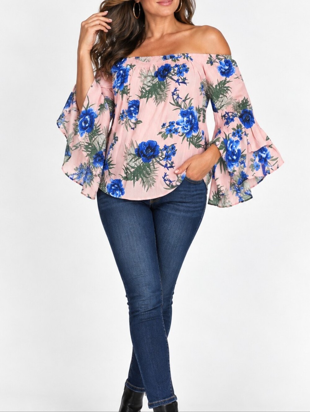 CHARLOTTE RUSSE Off-Shoulder Pink Blouse with Blue Floral Print. Bell Sleeves.